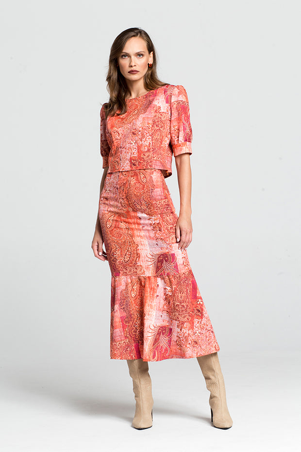 Pleated Midi Skirt with Lahouri Pattern