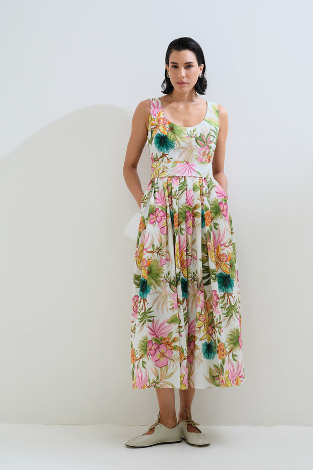 Φόρεμα λινό φλοράλ με πιέτες