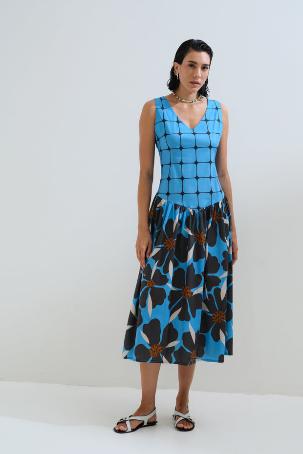 Φόρεμα καρό λουλούδια αμάνικο