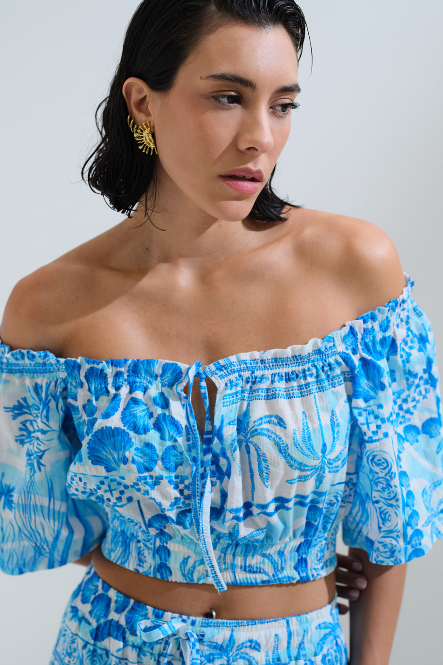 Crop top off-shoulders shell print