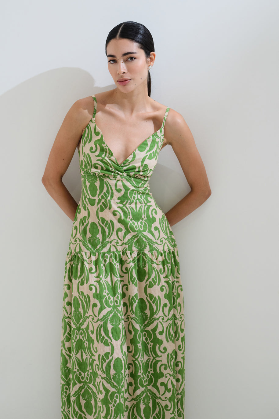Printed green dress back bow