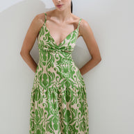 Printed green dress back bow