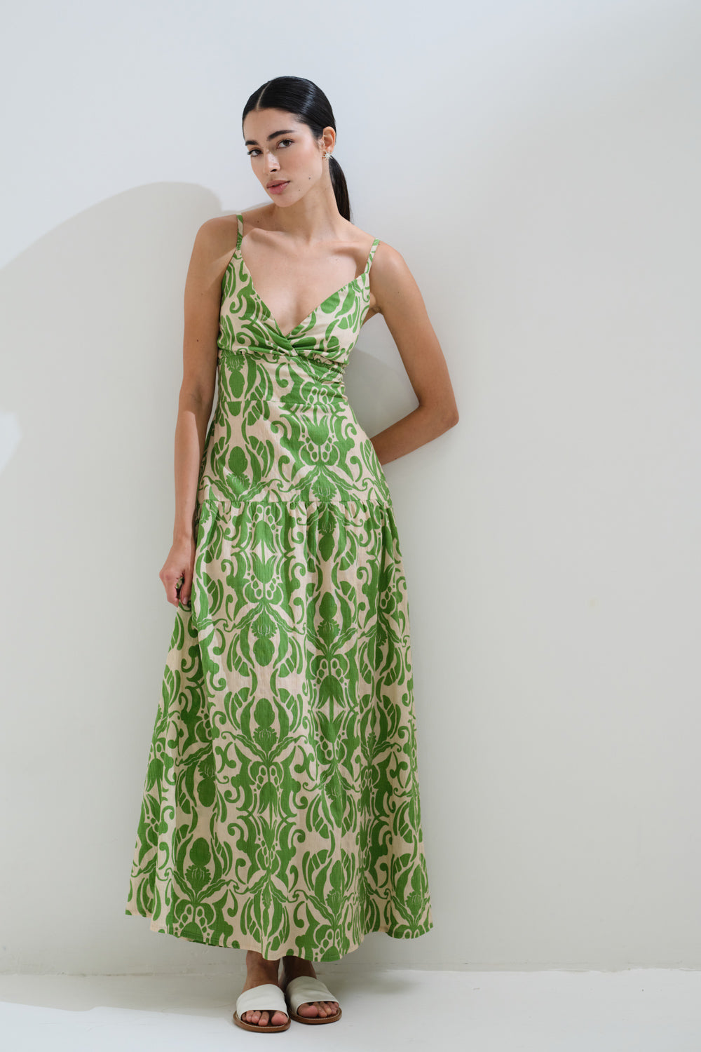 Printed green dress back bow
