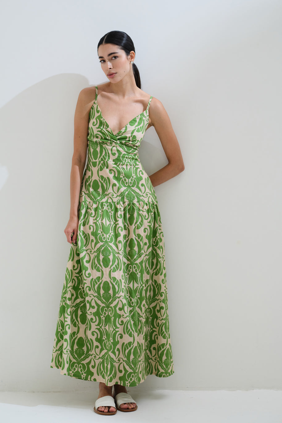 Printed green dress back bow