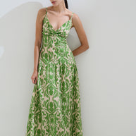 Printed green dress back bow