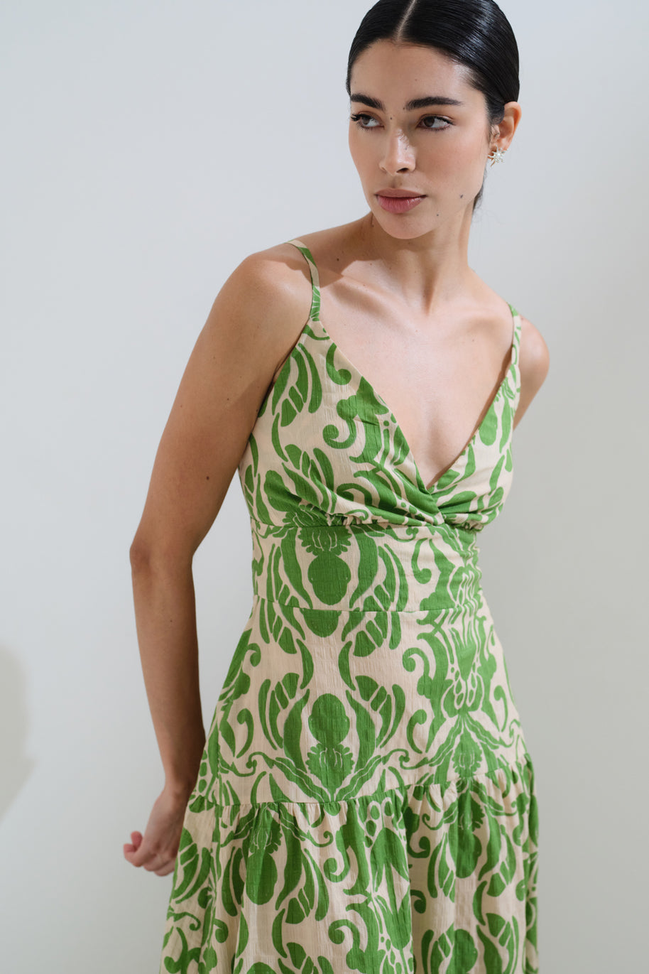 Printed green dress back bow