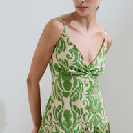 Printed green dress back bow