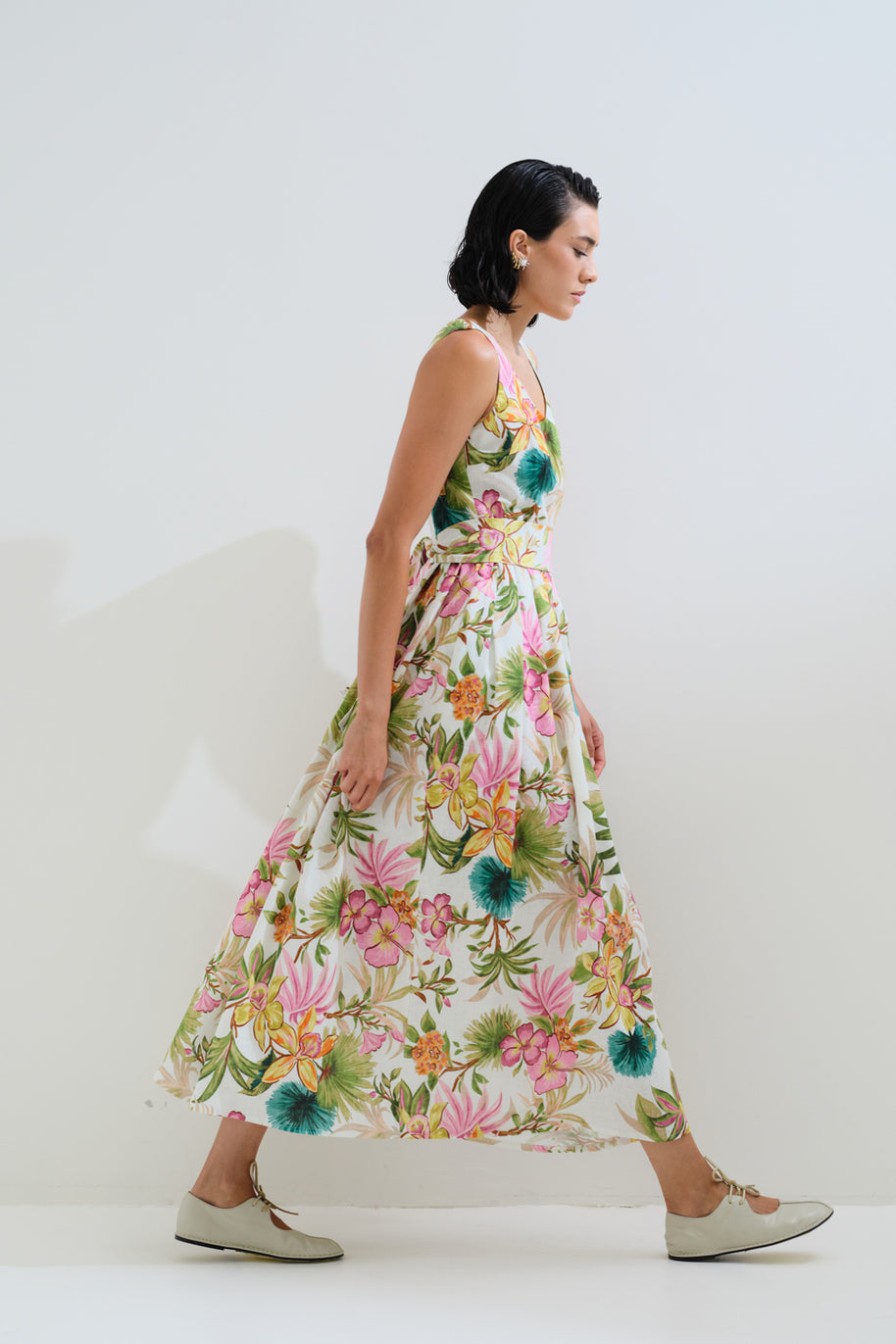Linen pleated floral dress 