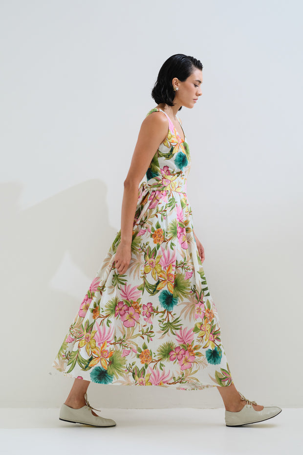 Φόρεμα λινό φλοράλ με πιέτες