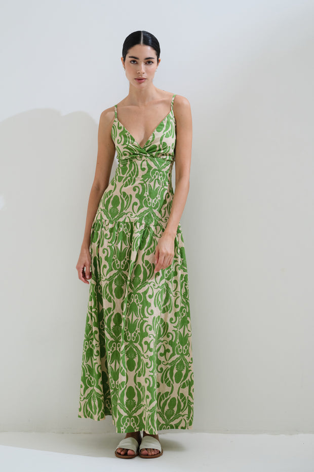 Printed green dress back bow