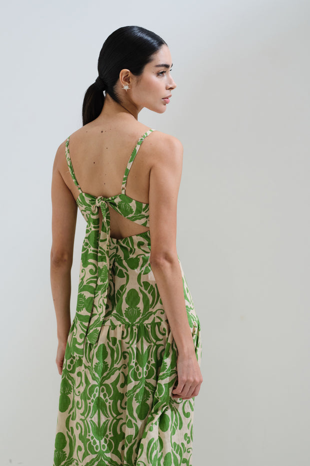 Printed green dress back bow