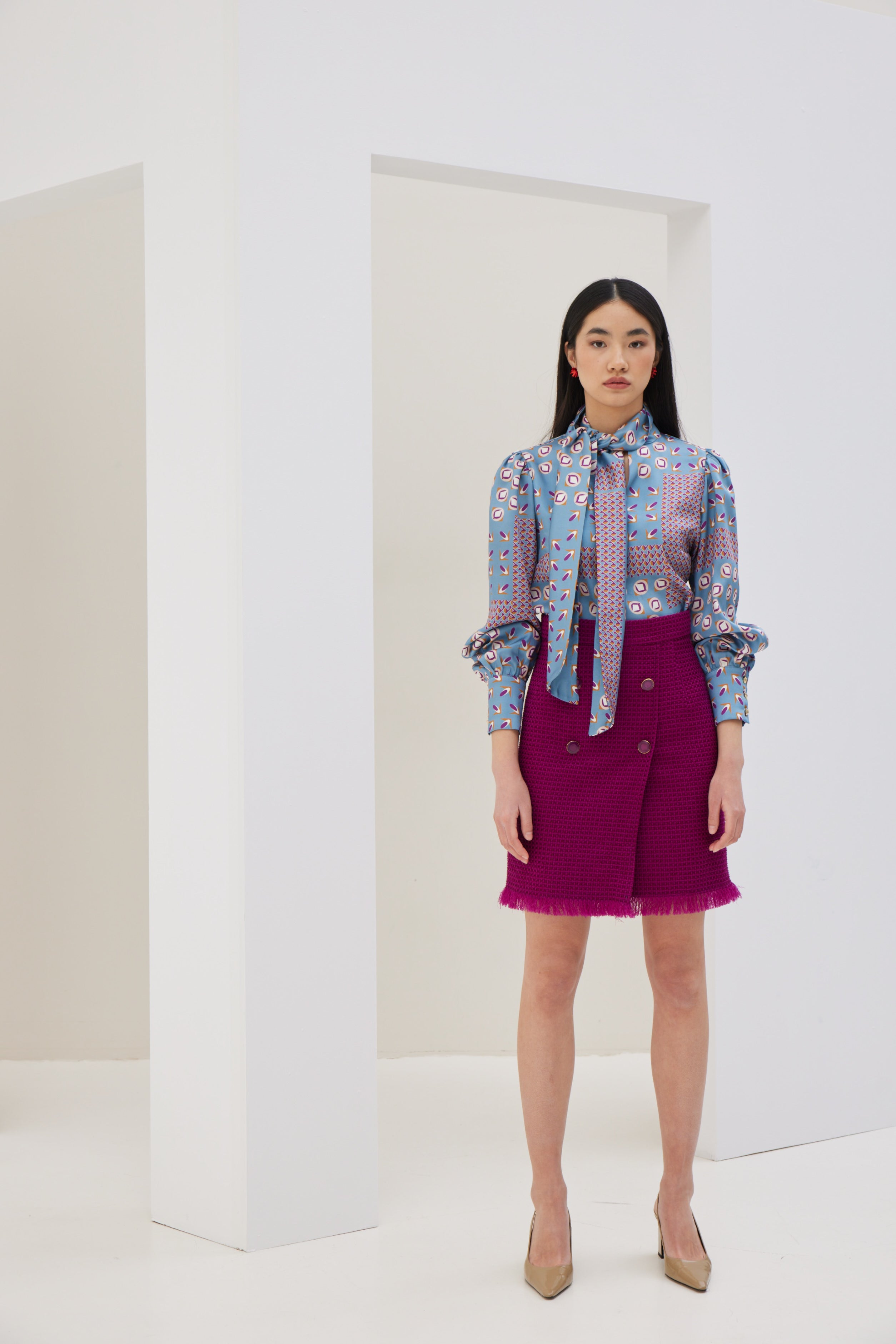 Patterned Blouse with Scarf