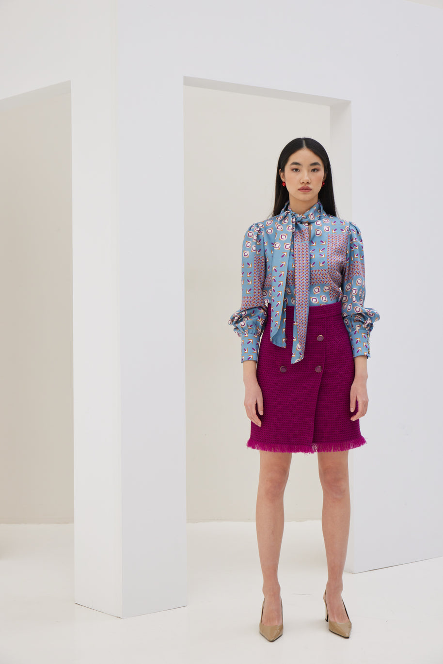 Patterned Blouse with Scarf
