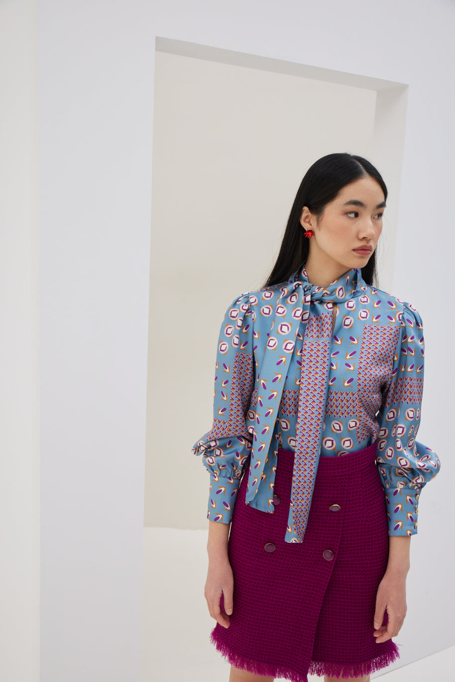 Patterned Blouse with Scarf