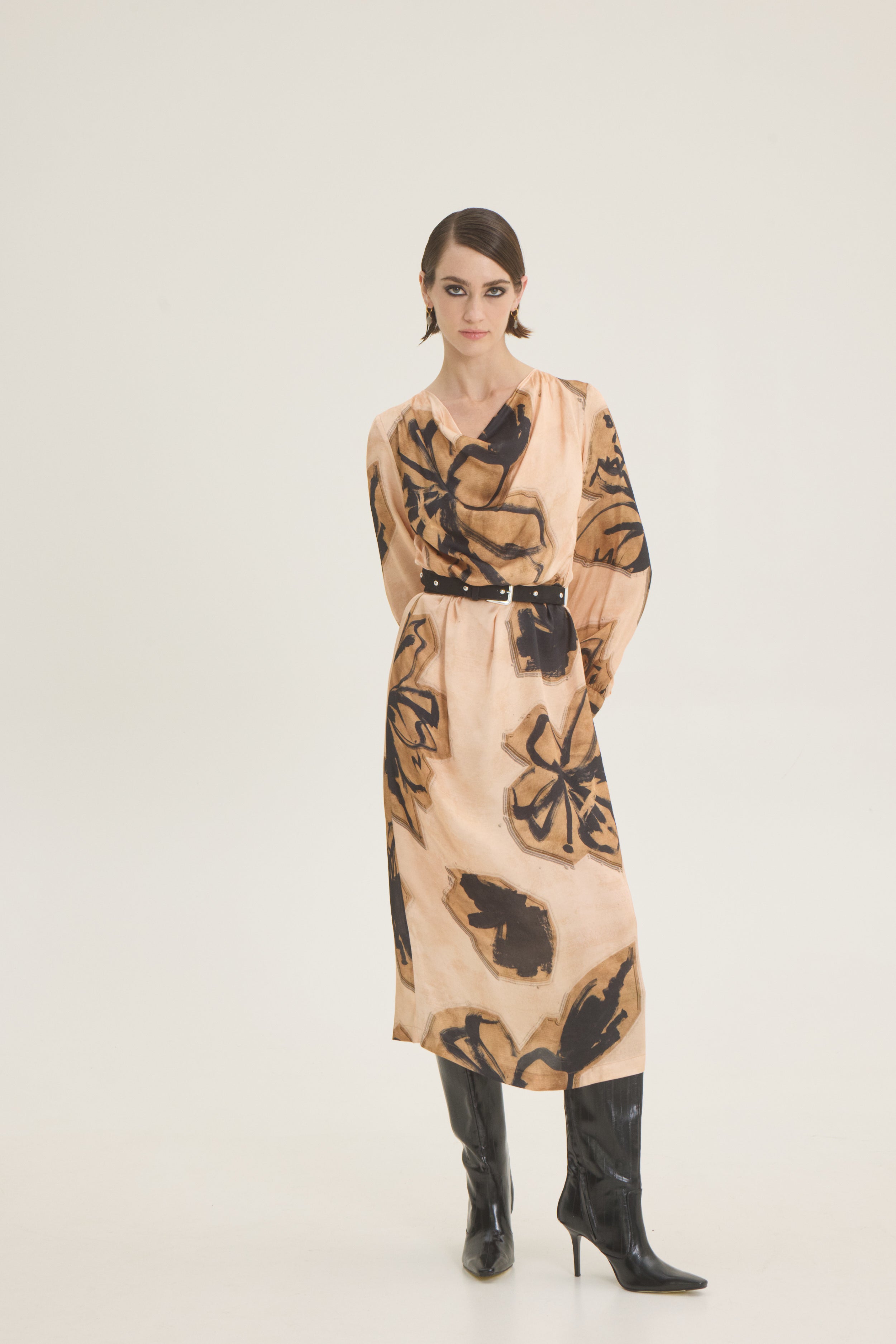 Draped beige-black printed dress