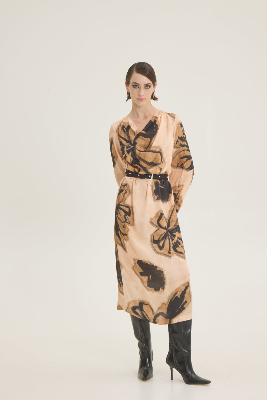 Draped beige-black printed dress