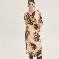 Draped beige-black printed dress