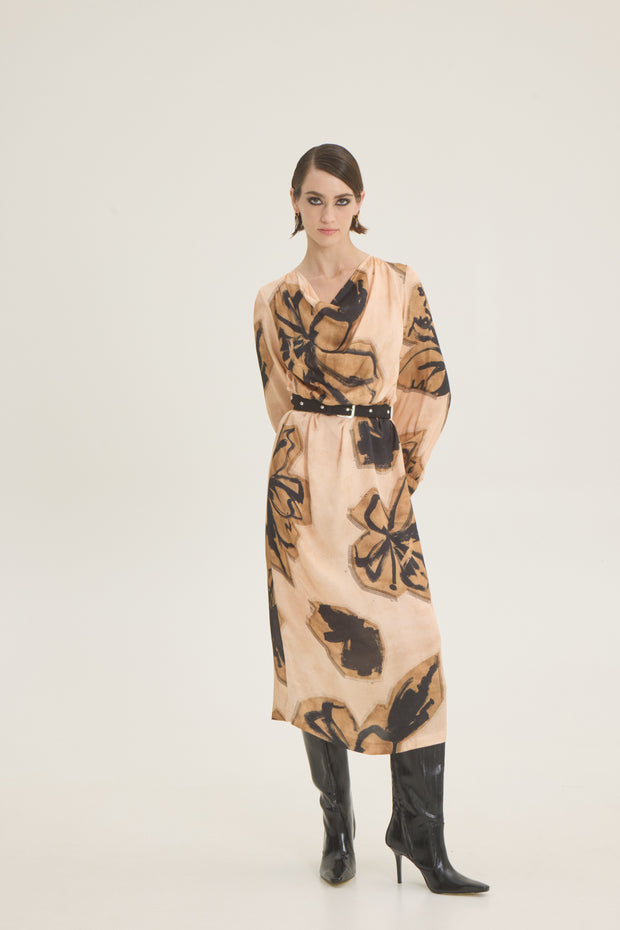 Draped beige-black printed dress