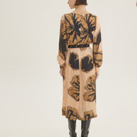 Draped beige-black printed dress