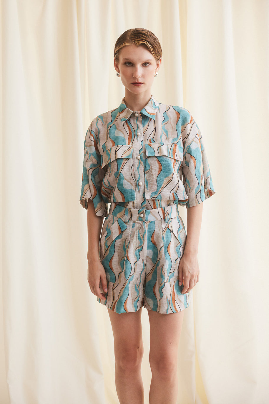 Patterned Shirt Light Blue Beige