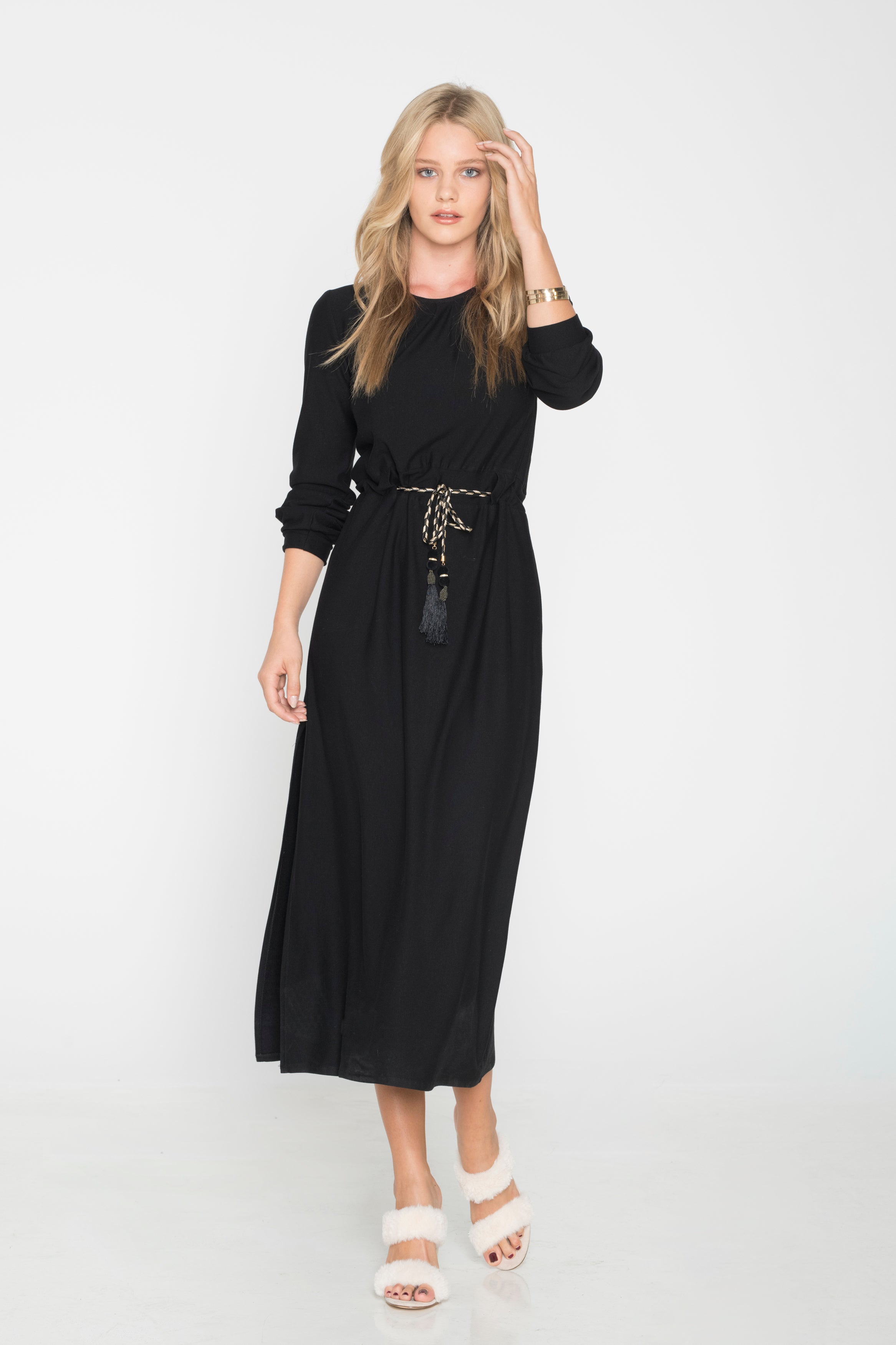 Midi Dress with Gold Belt at the Waist