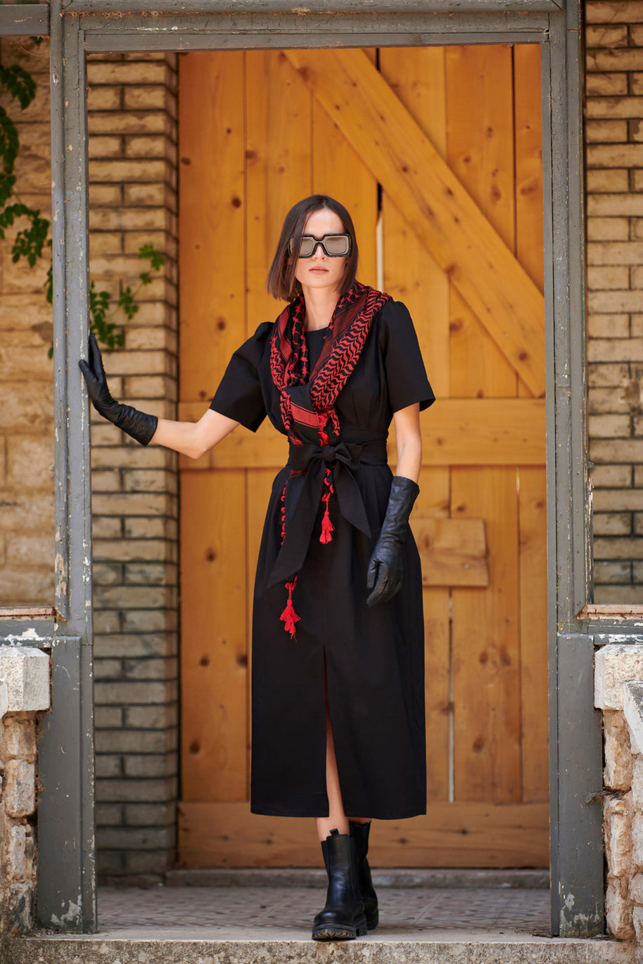 Midi Dress with Pleats and Belt