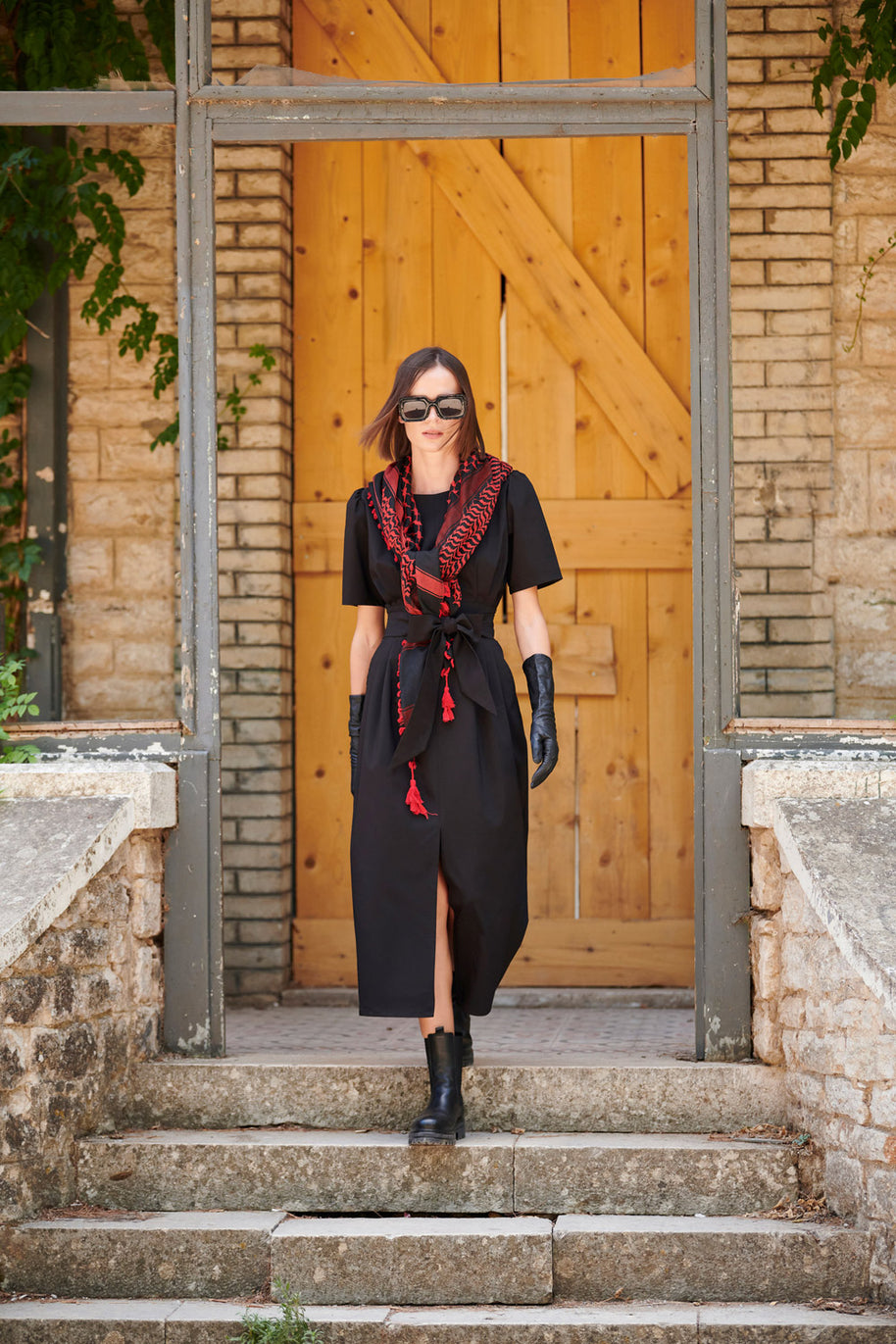 Midi Dress with Pleats and Belt