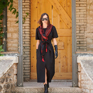 Midi Dress with Pleats and Belt
