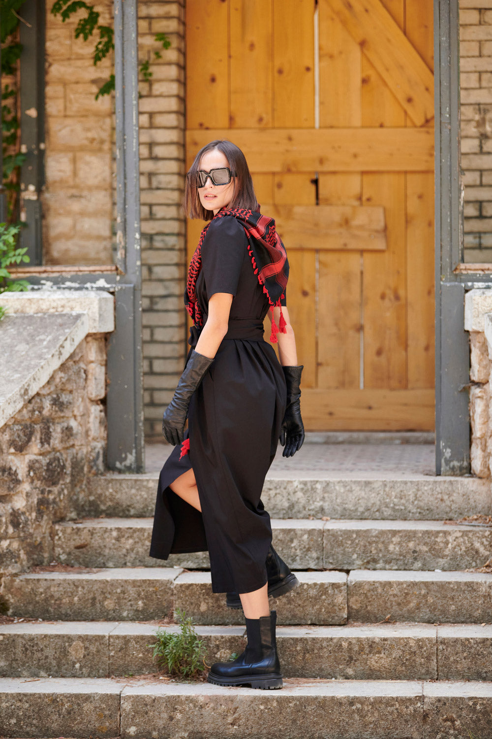 Midi Dress with Pleats and Belt